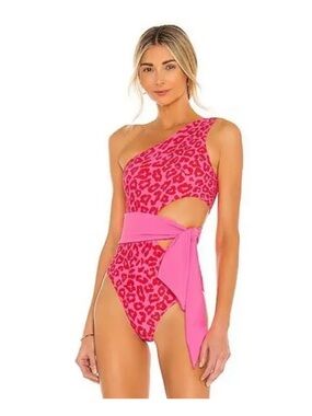 Beach Riot Hot Pink Leopard One-Shoulder Swimsuit with Waist Tie